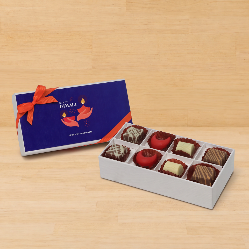 Set of 6 corporate customized happy diwali holding hands candle designed premium chocolate 8p hard box