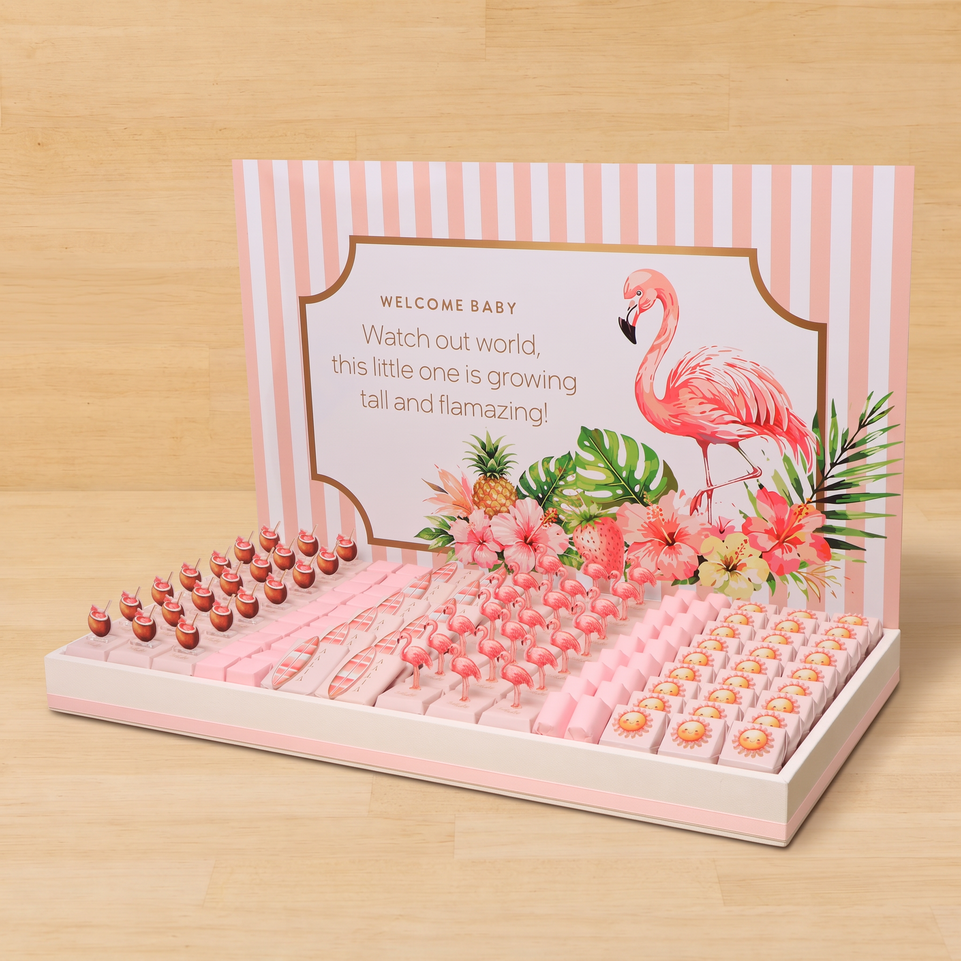 Baby girl flamingo theme with acrylic backdrop premium chocolate large leather tray