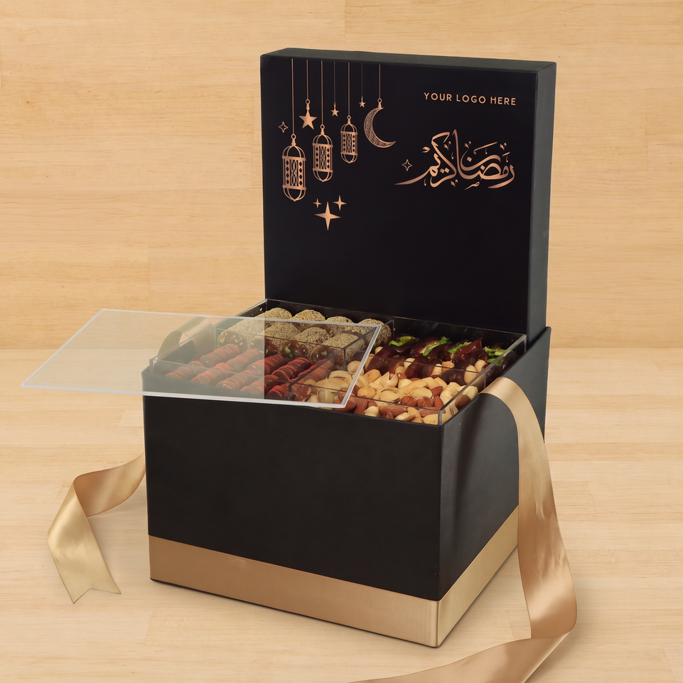Corporate customized ramadan designed premium chocolate & dates, nuts large hamper