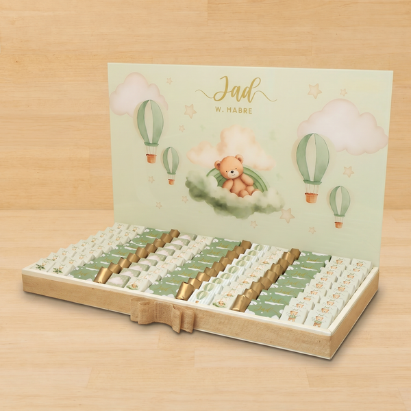 Baby boy hot air balloon designed sage green premium chocolate large leather tray