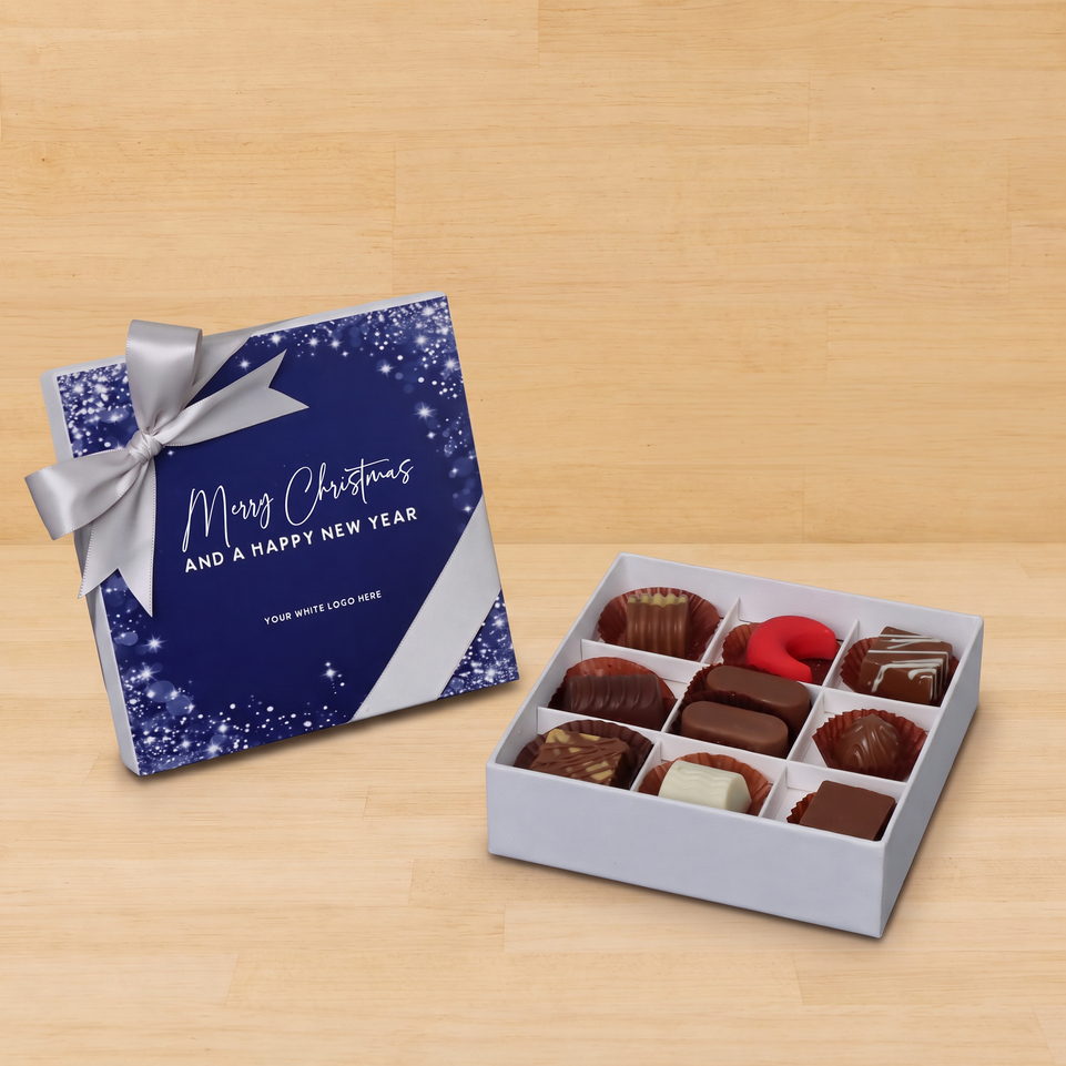 Set of 5 Corporate customized Merry Christmas & happy new year winter designed premium chocolate 9 piece hard box