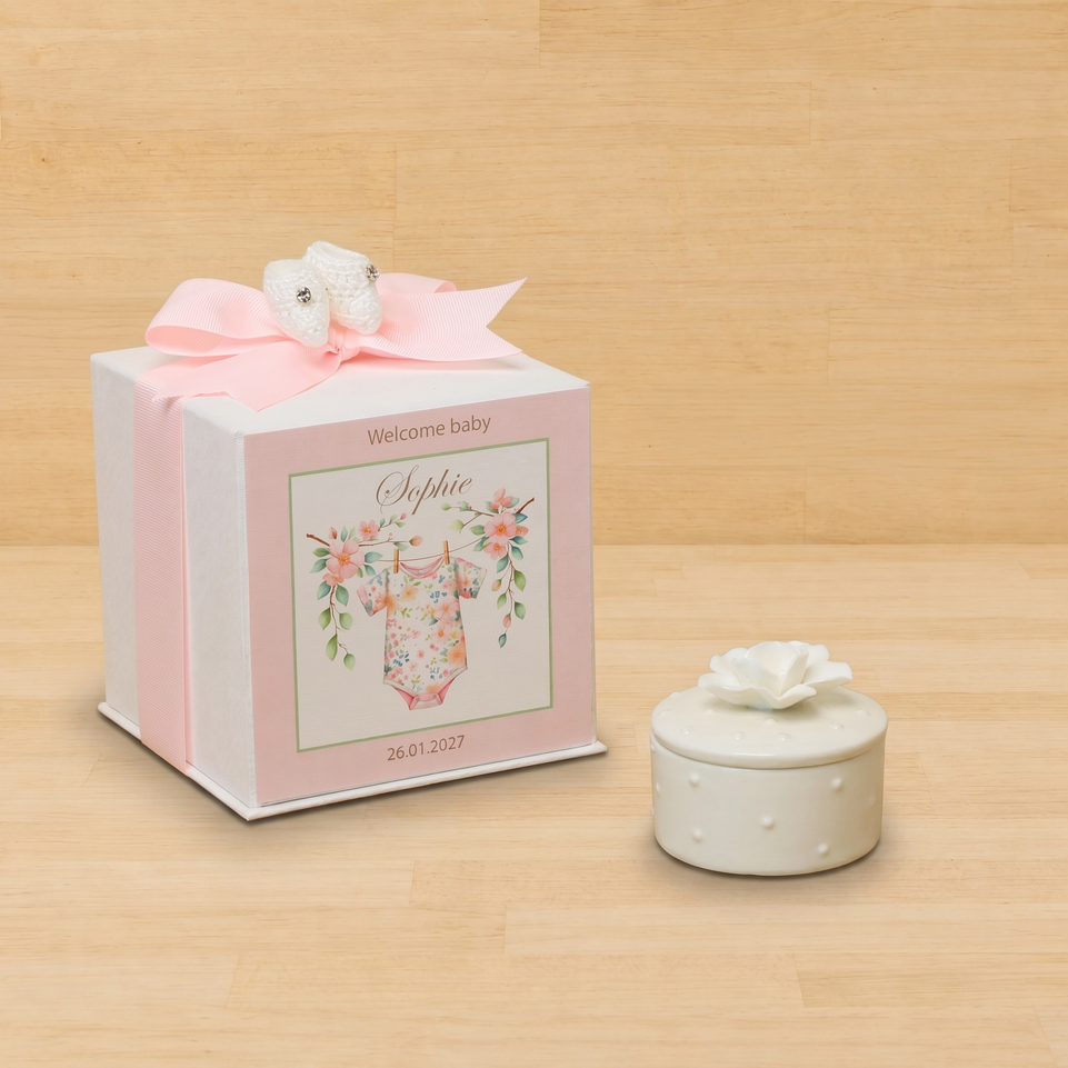 Set of 20 boxes baby girl white rose flower trinket with crochet boots in hard box giveaway
