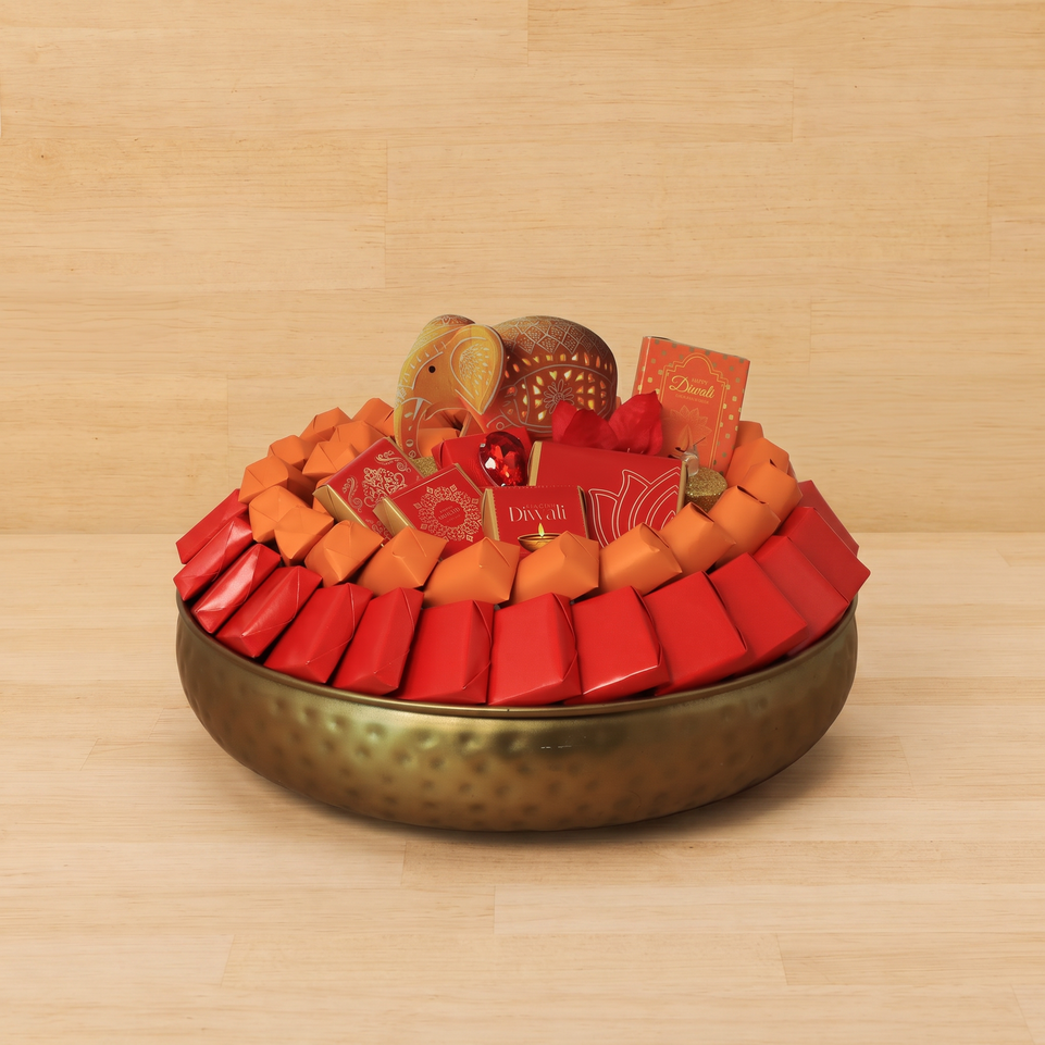 Happy Diwali Elephant designed with premium chocolate round metal tray