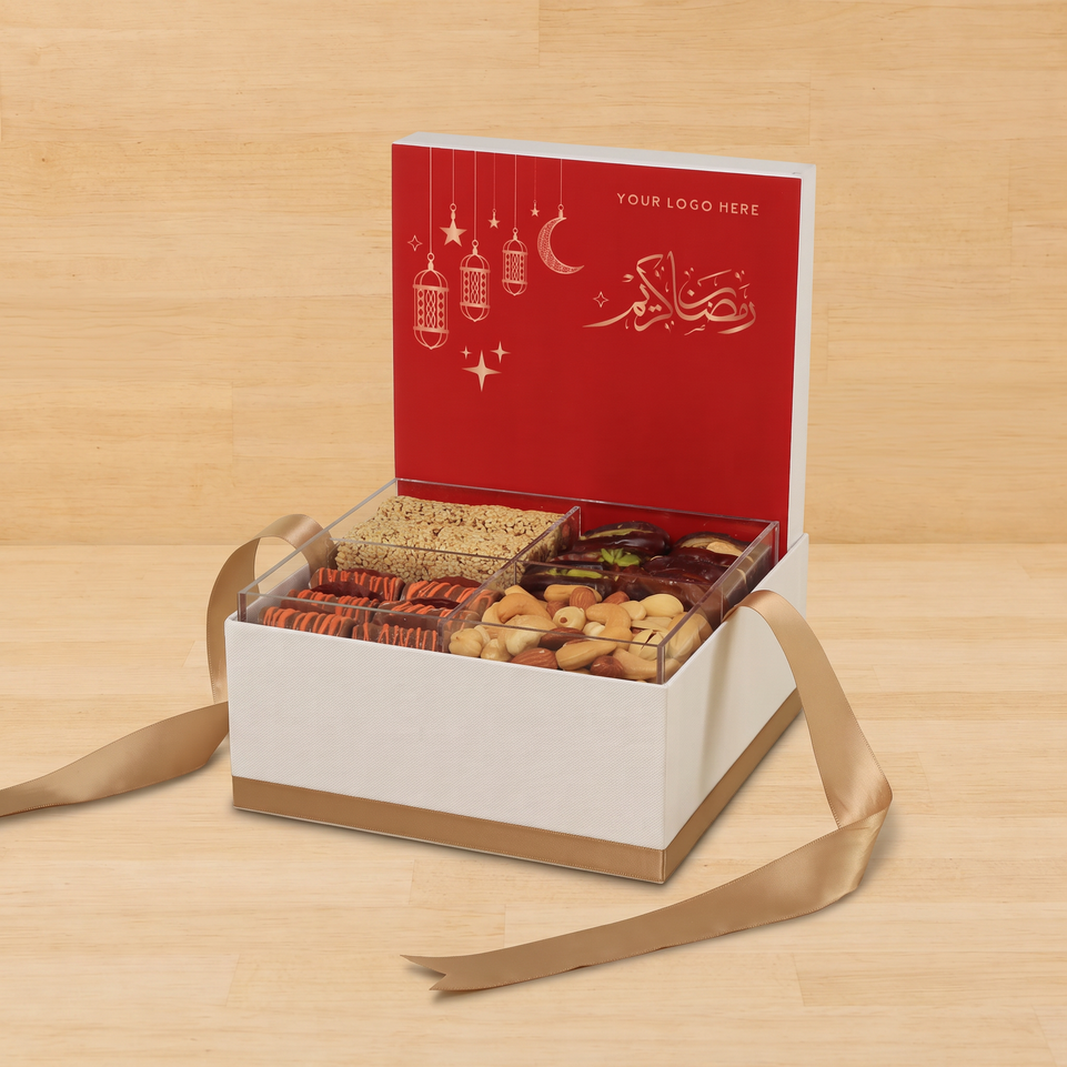 Corporate customized ramadan designed premium chocolate & dates, nuts large hamper