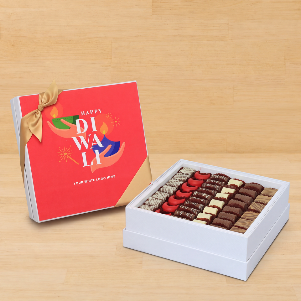 Corporate Customized Happy Diwali holding hands candle designed premium chocolate hard box