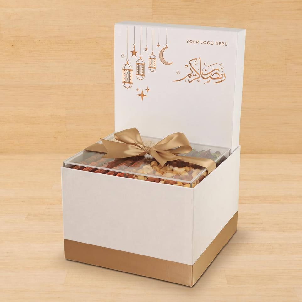 Corporate customized ramadan designed premium chocolate & dates, nuts large hamper