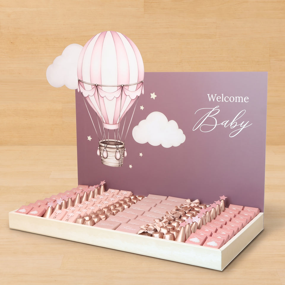 Welcome baby hot air balloon theme premium chocolate large leather tray with acrylic backdrop