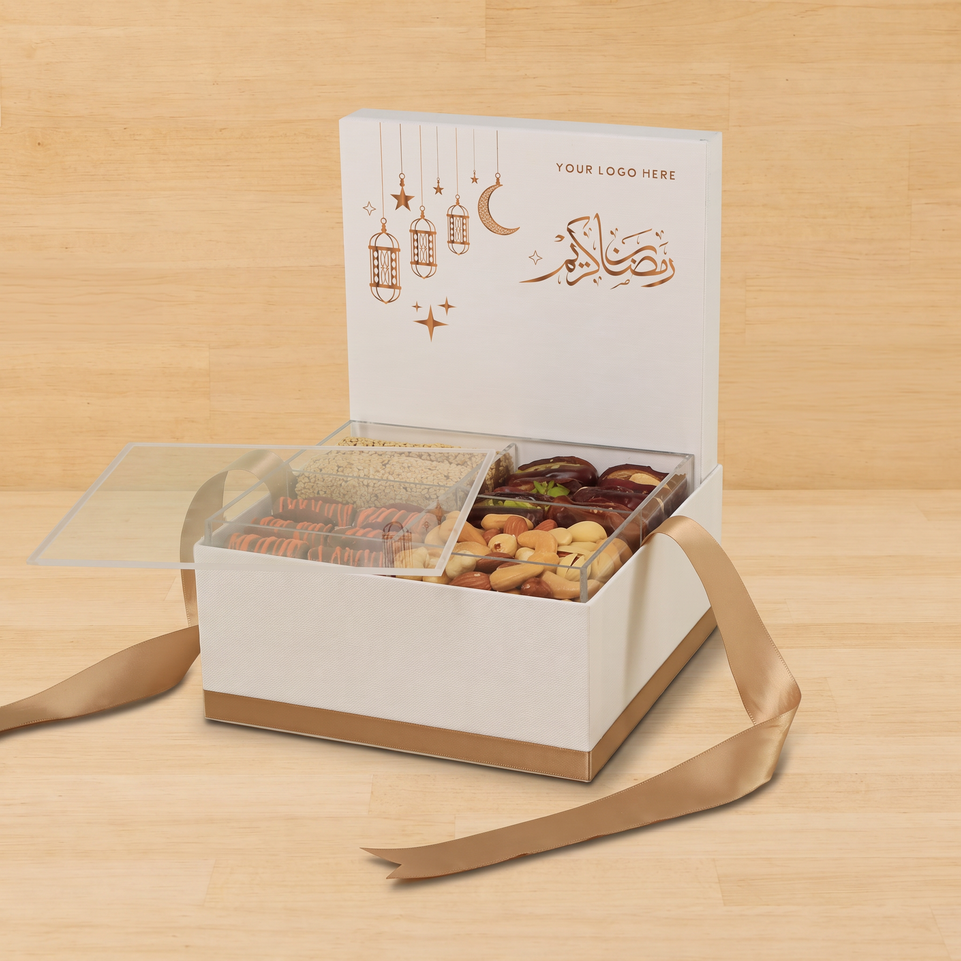 Corporate customized ramadan designed premium chocolate & dates, nuts medium hamper