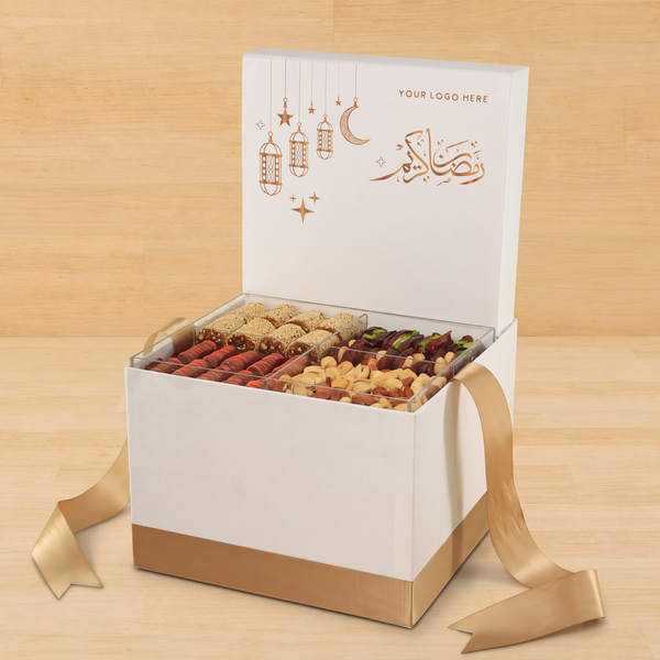 Corporate customized ramadan designed premium chocolate & dates, nuts large hamper