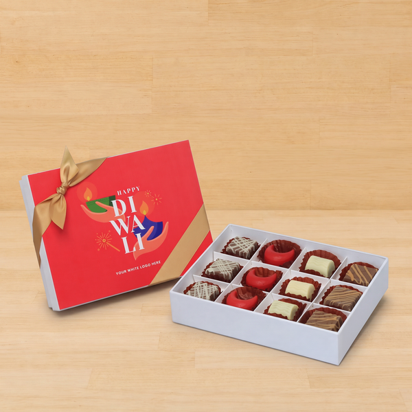 Corporate customized happy diwali holding hands candle designed premium chocolate 12p hard box