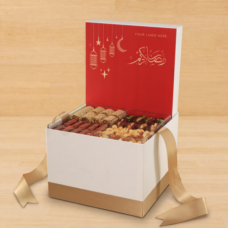 Corporate customized ramadan designed premium chocolate & dates, nuts large hamper