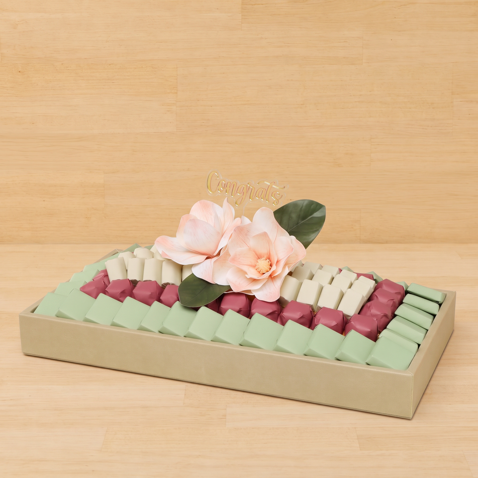 Congrats peach magnolia decorated premium chocolate medium leather tray