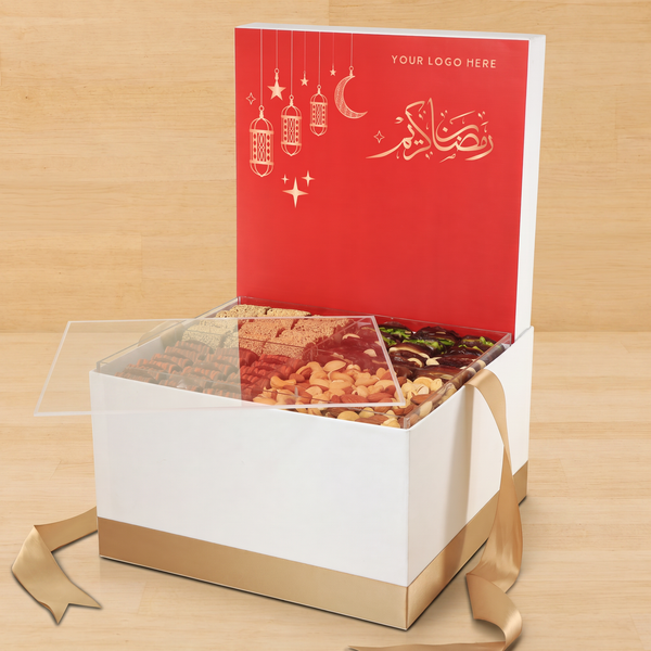 Corporate customized ramadan designed premium chocolate , dates & nuts extra large hamper