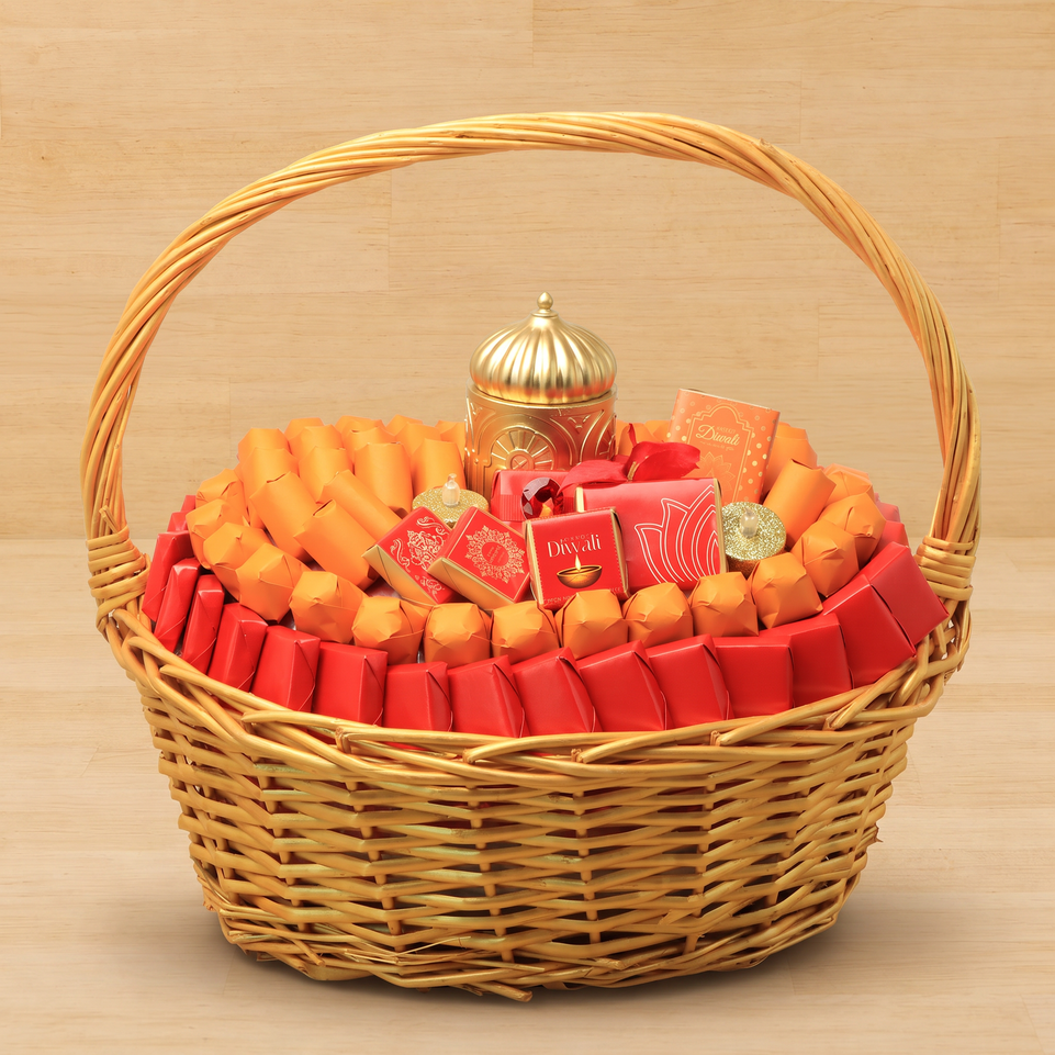 Happy Diwali with mosque candle customized premium chocolate large basket