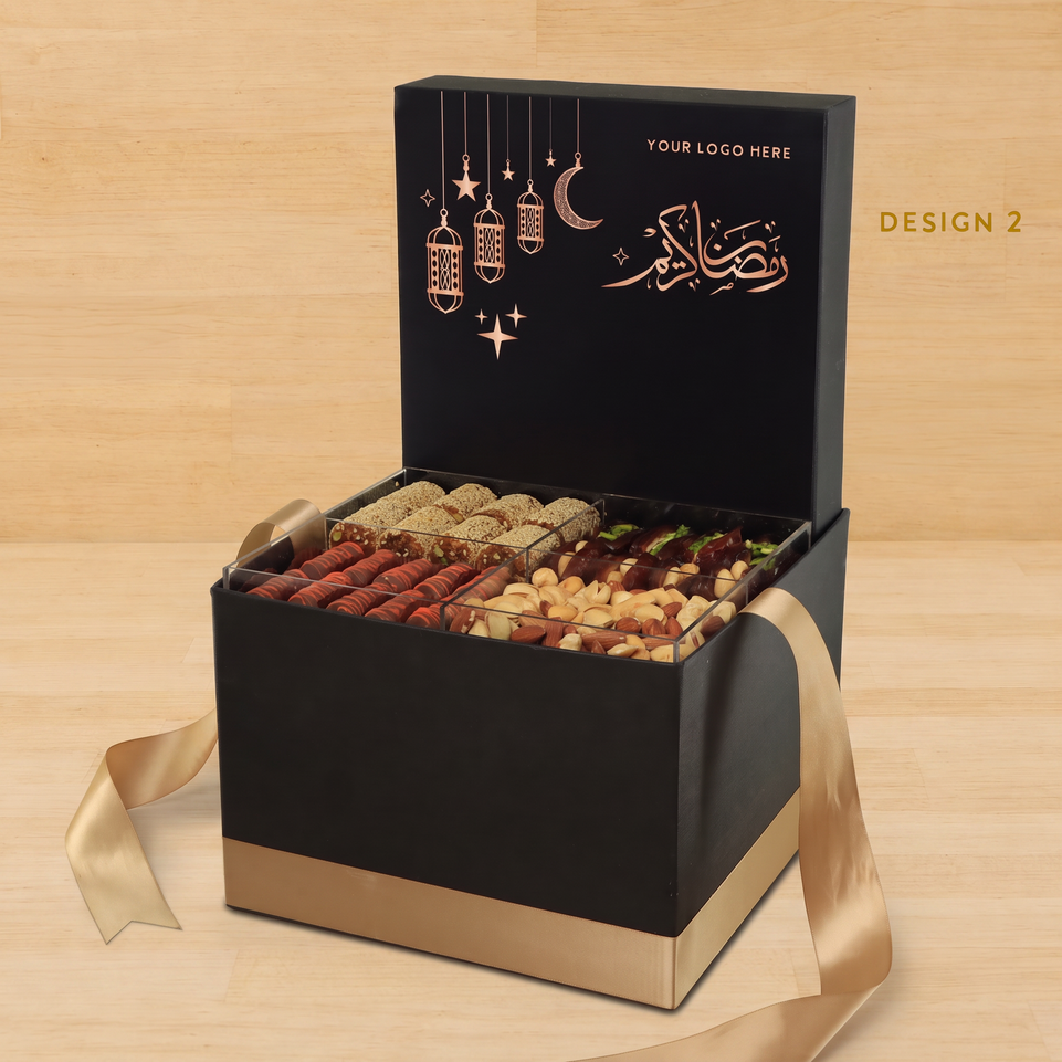 Corporate customized ramadan designed premium chocolate & dates, nuts large hamper
