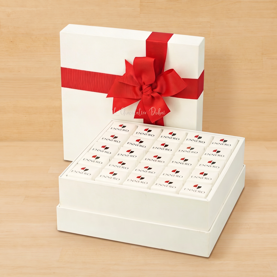 Set of 2 Corporate branded chocolate hard box with matching ribbon