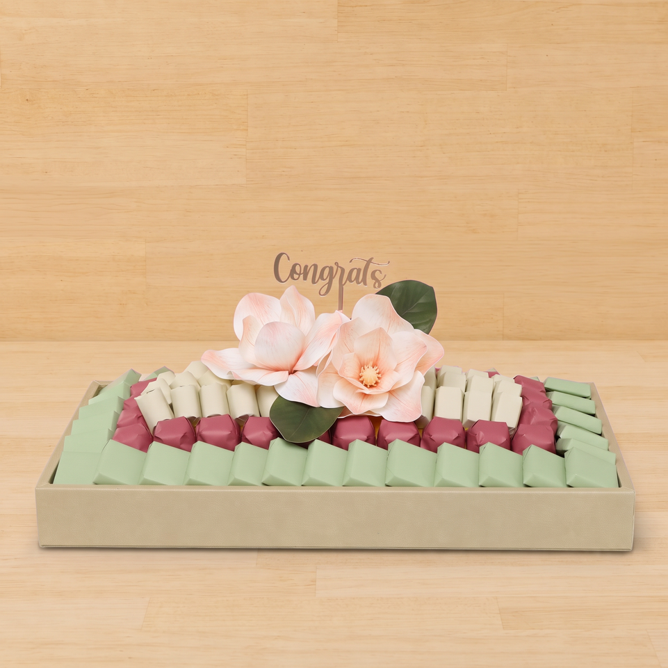 Congrats peach magnolia decorated premium chocolate medium leather tray