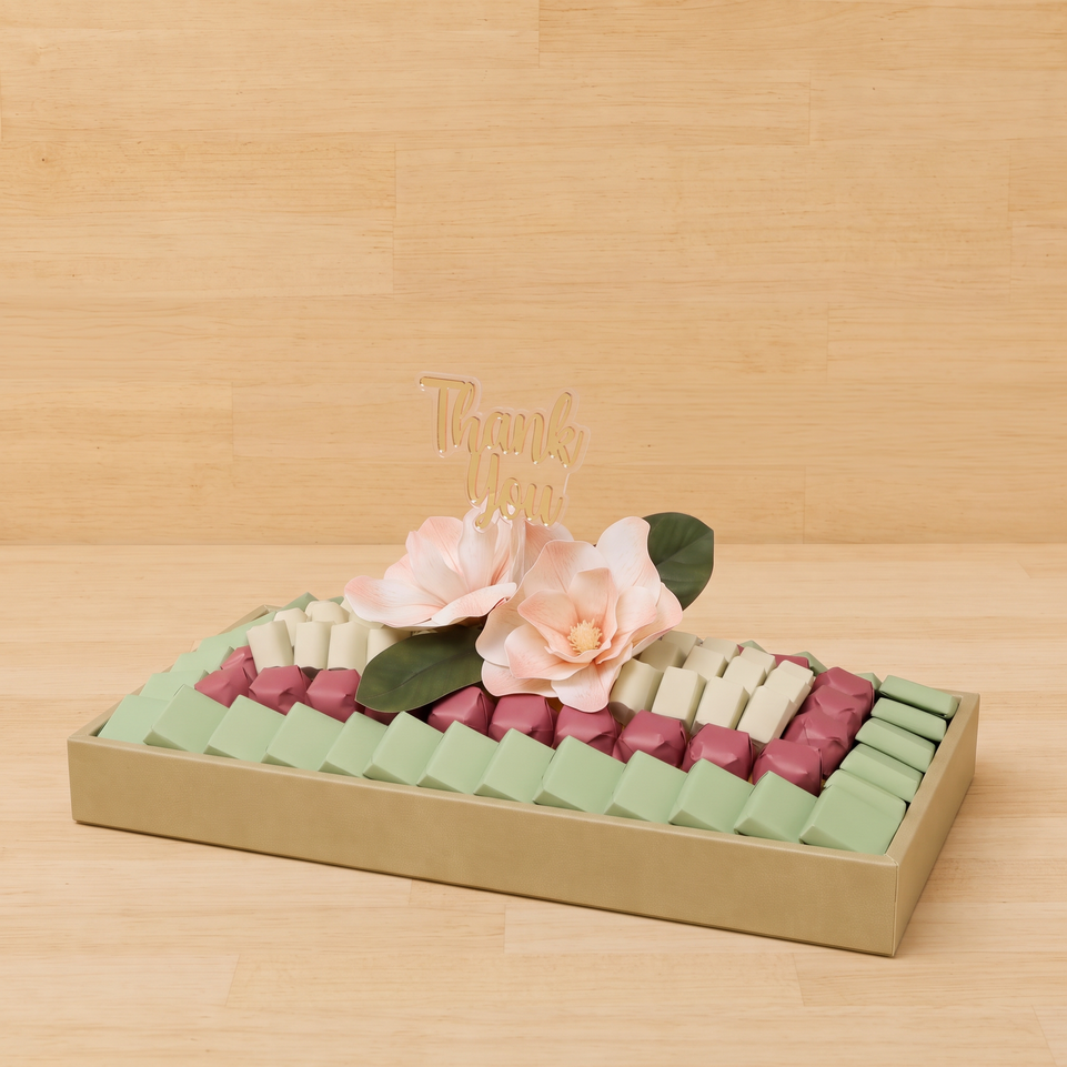 Thank you peach magnolia decorated premium chocolate medium leather tray