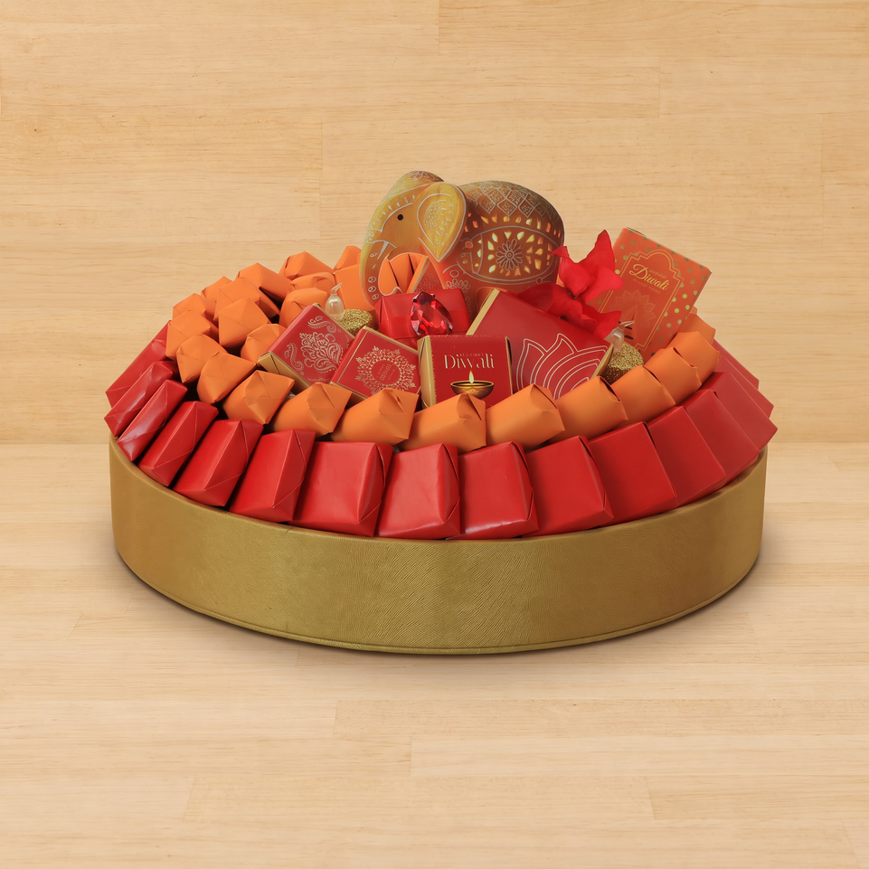 Happy Diwali Elephant designed with premium chocolate round leather tray