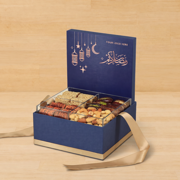 Corporate customized ramadan designed premium chocolate & dates, nuts medium hamper