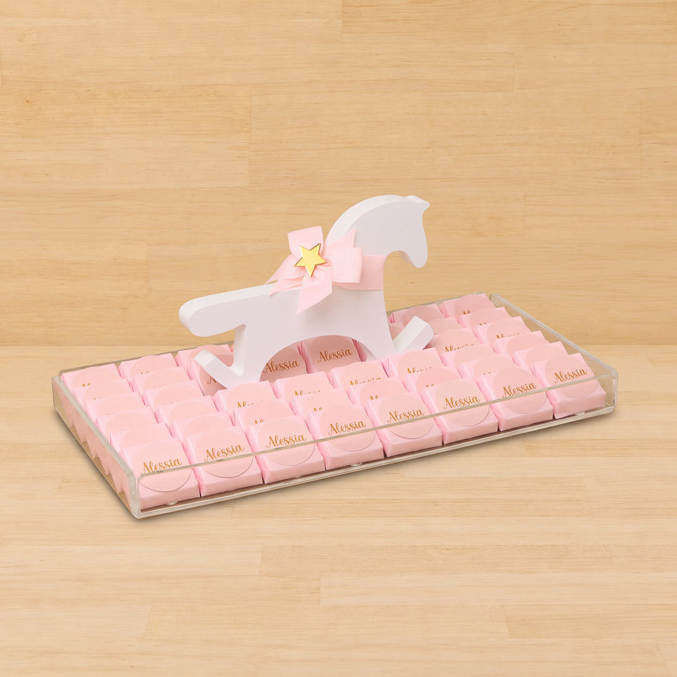 Customized baby girl chocolate medium acrylic tray with a wooden horse design