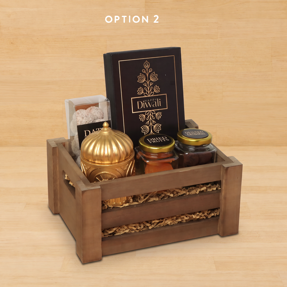 Happy Diwali designed premium chocolate & dates wooden hamper
