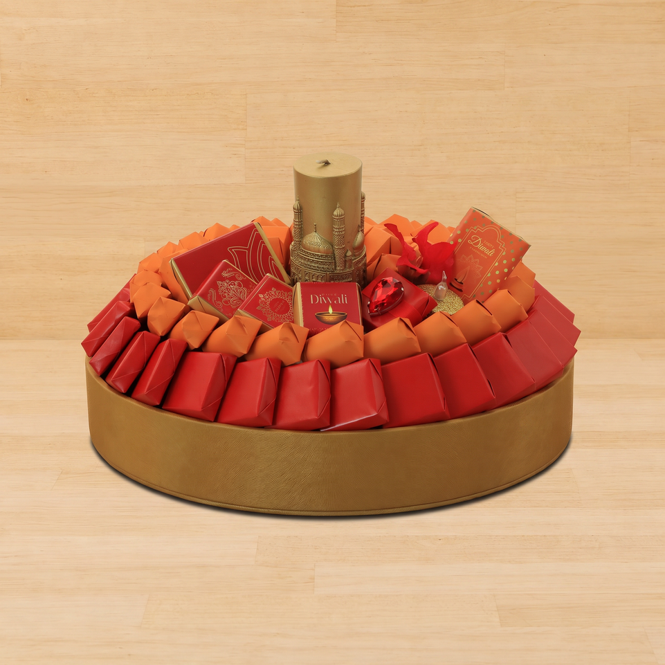 Happy Diwali Taj Mahal candle designed with premium chocolate round leather tray