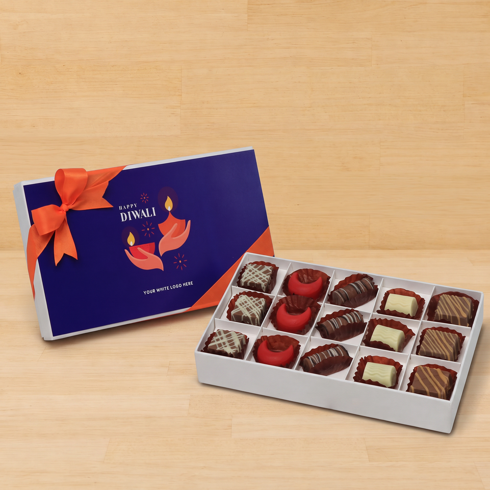 Corporate customized happy diwali holding hands candle designed premium chocolate 15p hard box