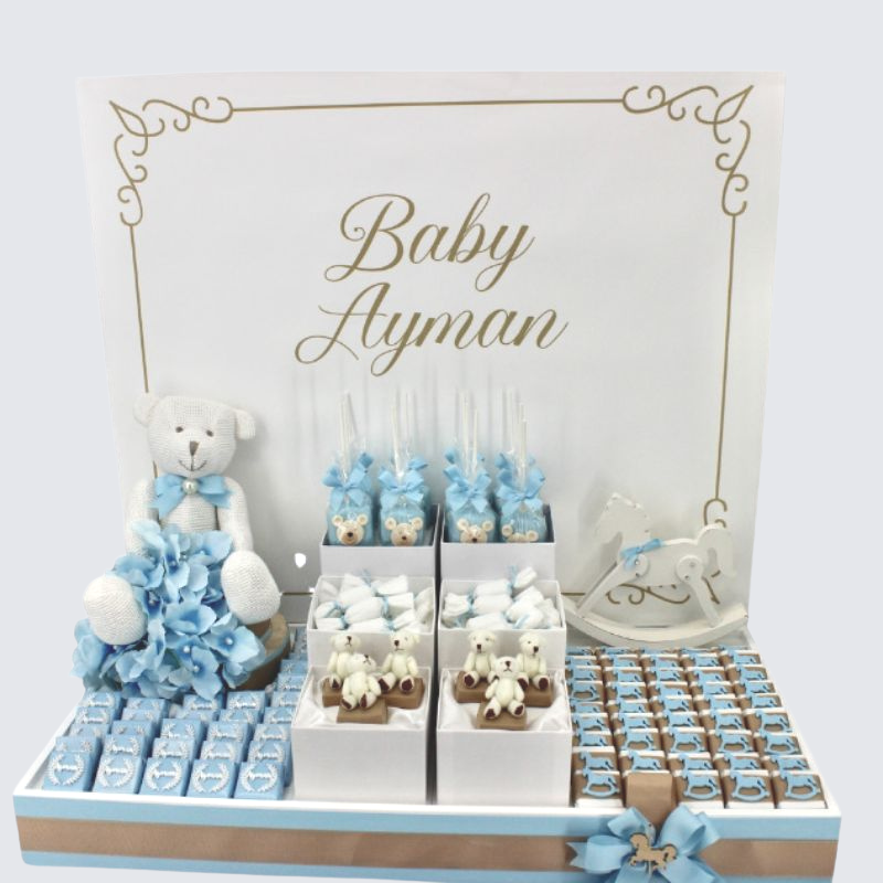 Baby boy personalized acrylic decorated chocolate wood stand