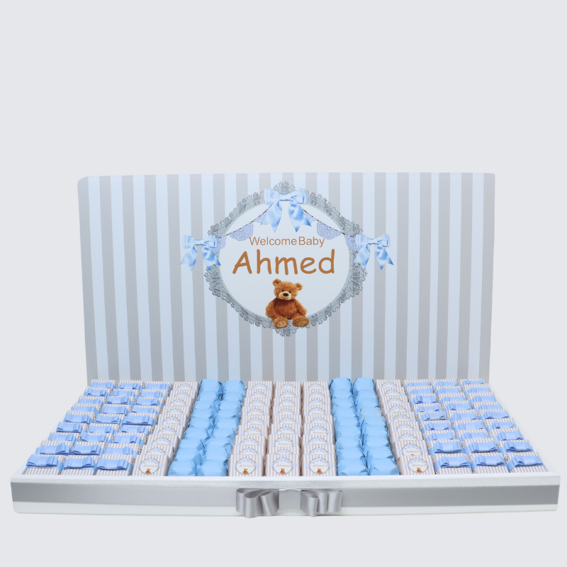 Baby boy teddy theme decorated chocolate leather tray with personalized acrylic backdrop