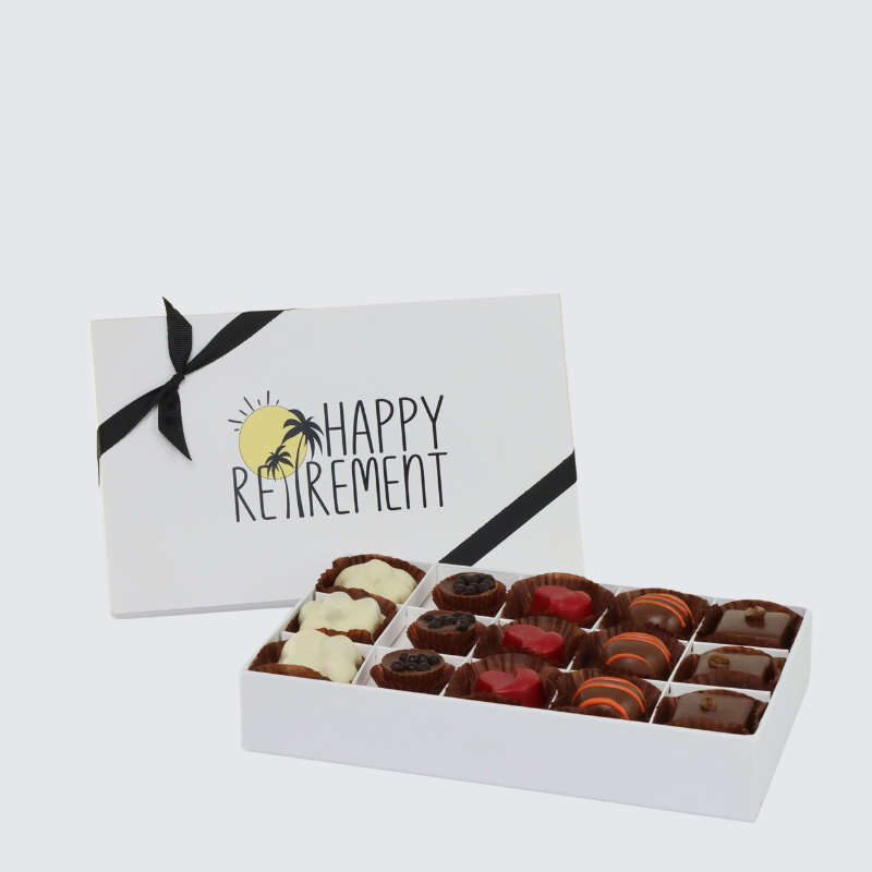 "HAPPY RETIREMENT" DESIGNED 15-PIECE CHOCOLATE HARD BOX