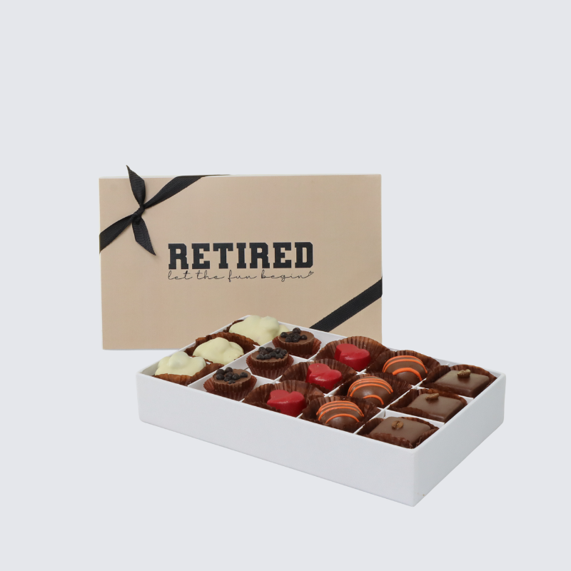 "LET THE FUN BEGIN" RETIREMENT 15-PIECE CHOCOLATE HARD BOX