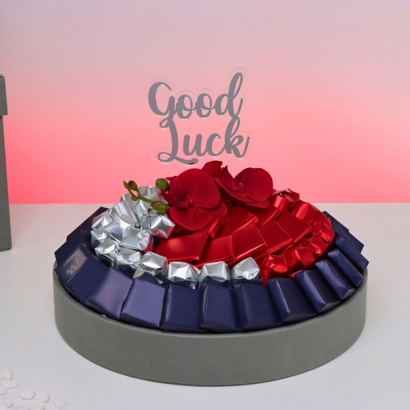 Good luck orchid decorated chocolate leather round tray