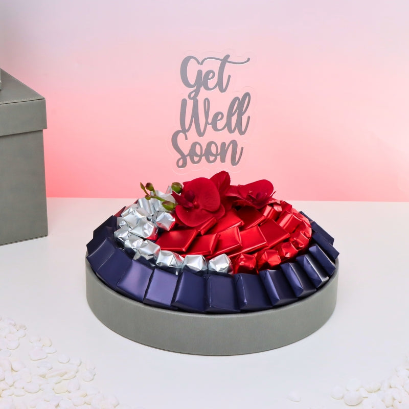 Get well soon orchid decorated chocolate leather round tray