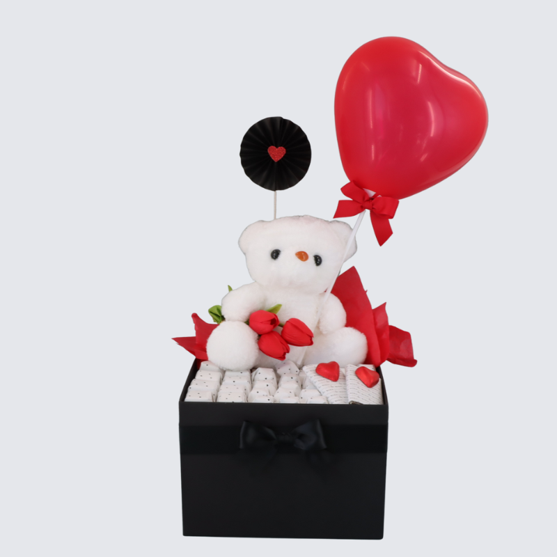 Valentine's stuffed toy, balloon, flower & chocolate hamper