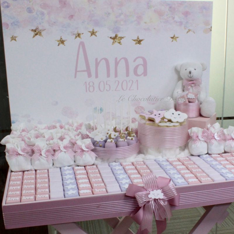 Stars, moons & clouds chocolate & sweets baby girl wood stand