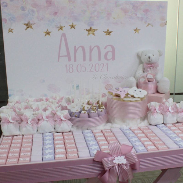 Stars, moons & clouds chocolate & sweets baby girl wood stand with backdrop.