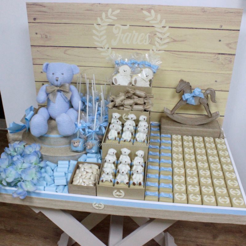 Baby boy teddy theme decorated chocolate wood stand