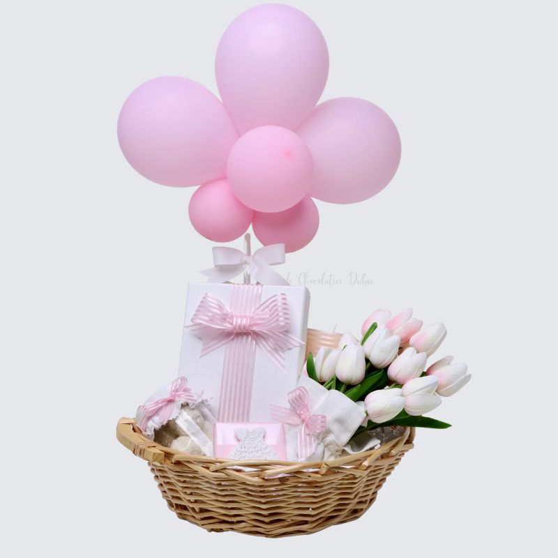 Baby girl baloon decorated chocolate basket