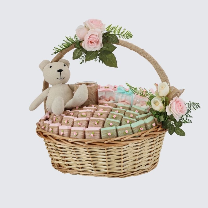 BABY GIRL RUSTIC DECORATED CHOCOLATE & ALMOND DRAGEES LARGE BASKET