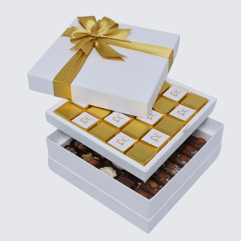 "GOOD LUCK" GOLD DESIGNED 2-LAYER PREMIUM CHOCOLATE HARD BOX