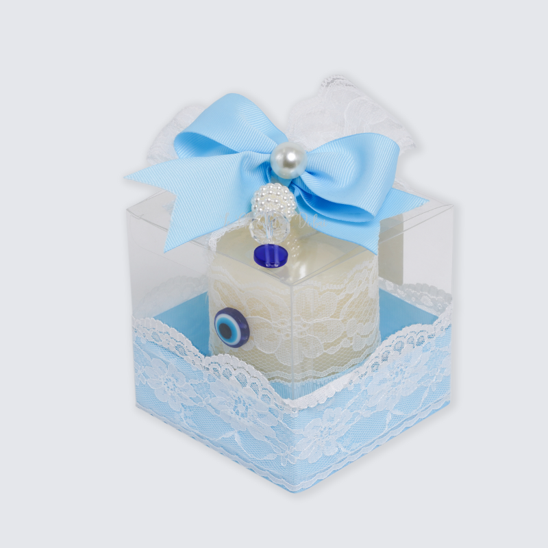 BABY BOY DECORATED CANDLE CLEAR BOX 	