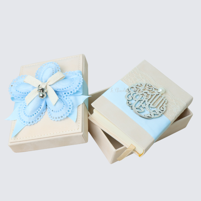 BABY BOY DECORATED QURAN VELVET BOX WITH ALMOND DRAGEES RIBBON