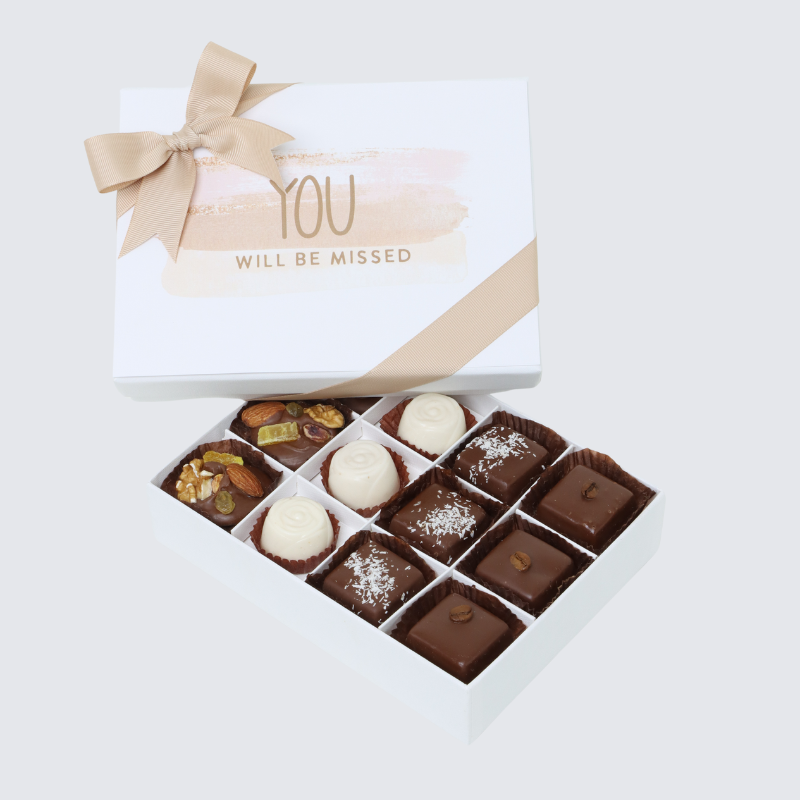 "YOU WILL BE MISSED" 12-PIECE CHOCOLATE HARD BOX