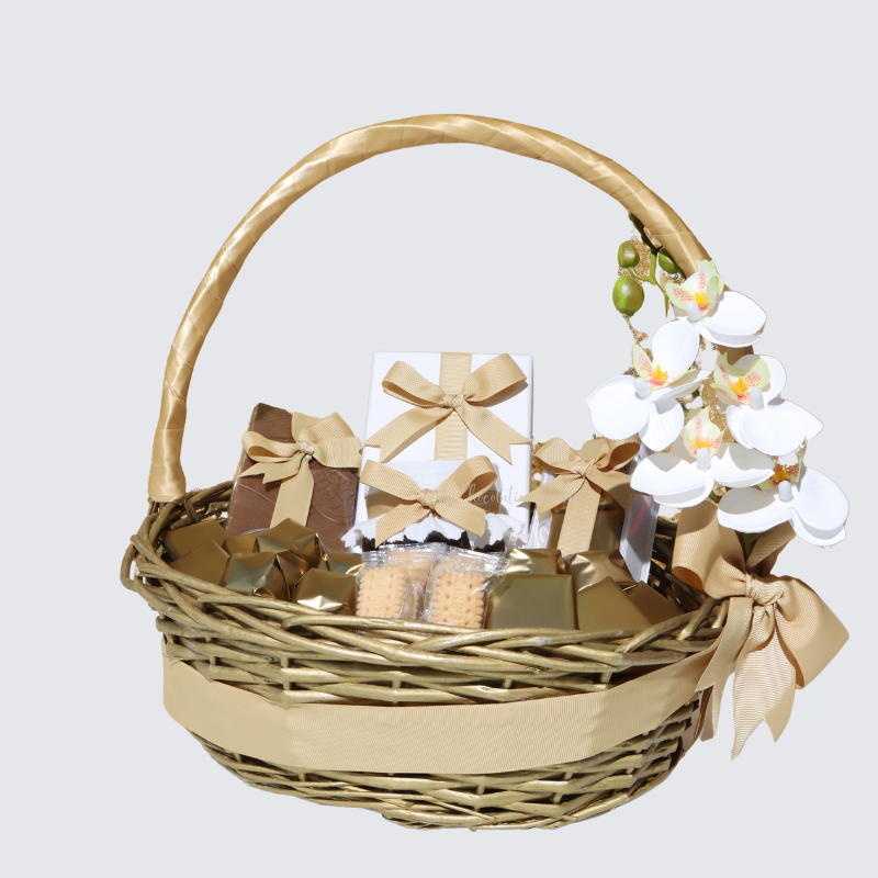 FLOWER DECORATED CHOCOLATE AND DELIGHTS AND HONEY JAR BASKET