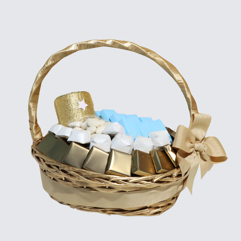 DECORATED CANDLE AND CHOCOLATE BASKET