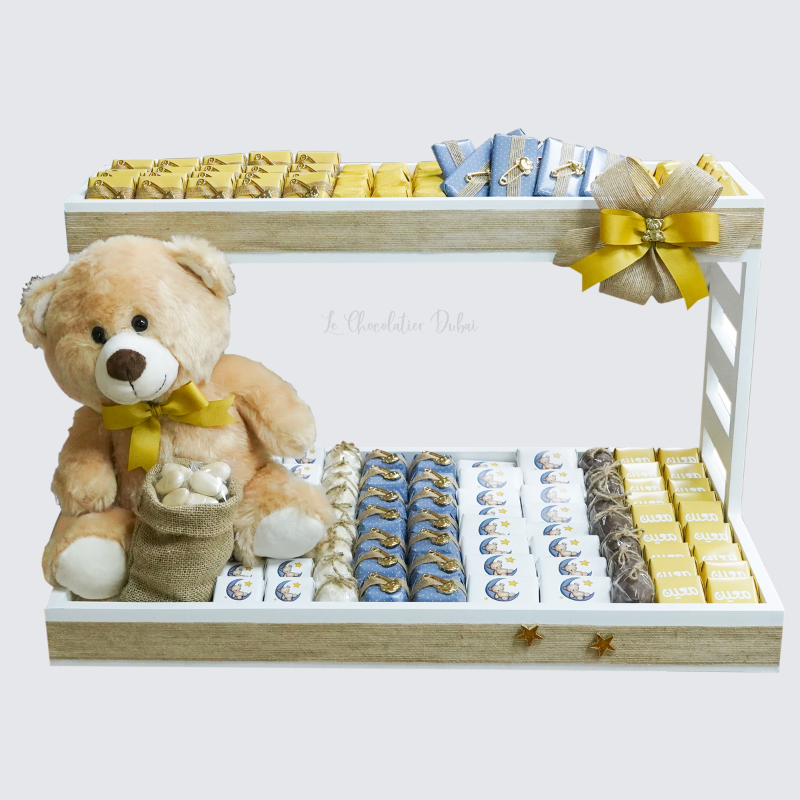 BABY TEDDY THEME DECORATED CHOCOLATE 2 - TIERED WOOD TRAY
