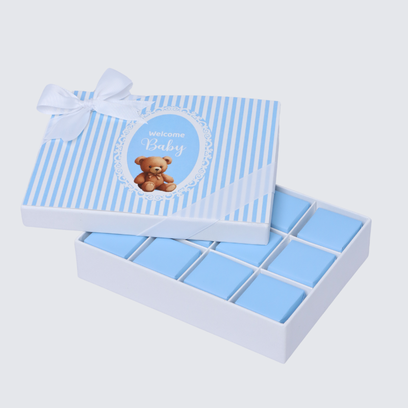 BABY BOY " WELCOME BABY " TEDDY DESIGNED 12-PIECE CHOCOLATE HARD BOX