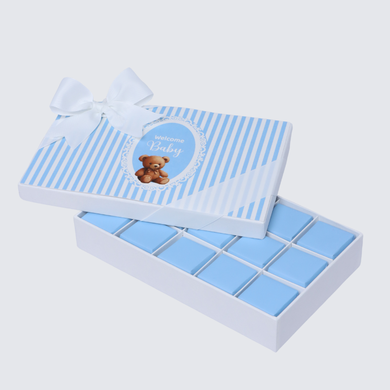 BABY BOY "WELCOME BABY" TEDDY DESIGNED 15-PIECE CHOCOLATE HARD BOX