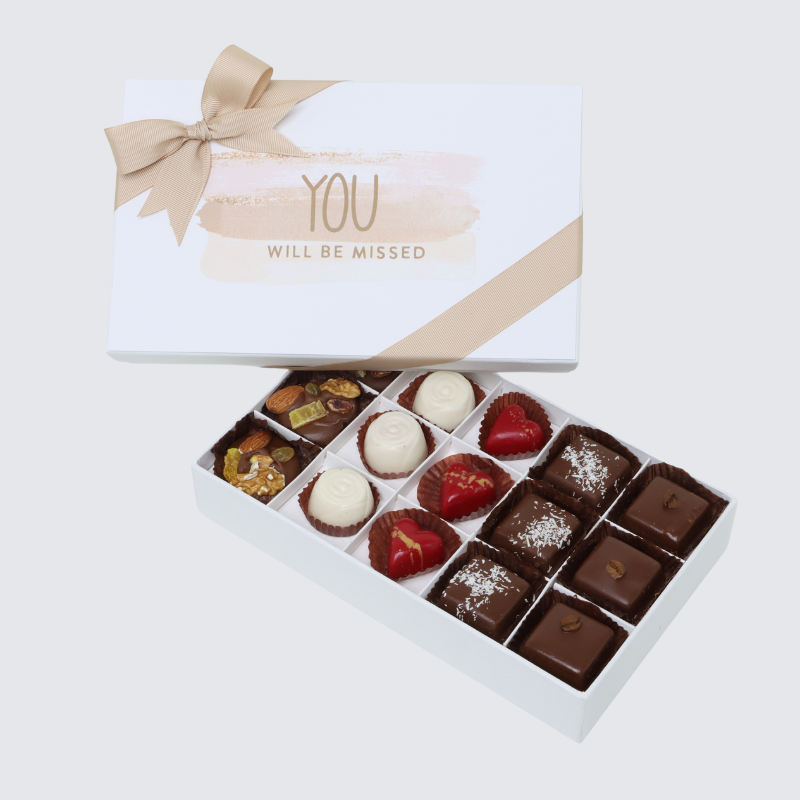 "YOU WILL BE MISSED" 15-PIECE CHOCOLATE HARD BOX
